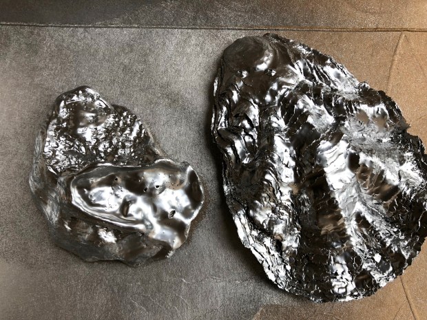 two oyster shells sprayed silver