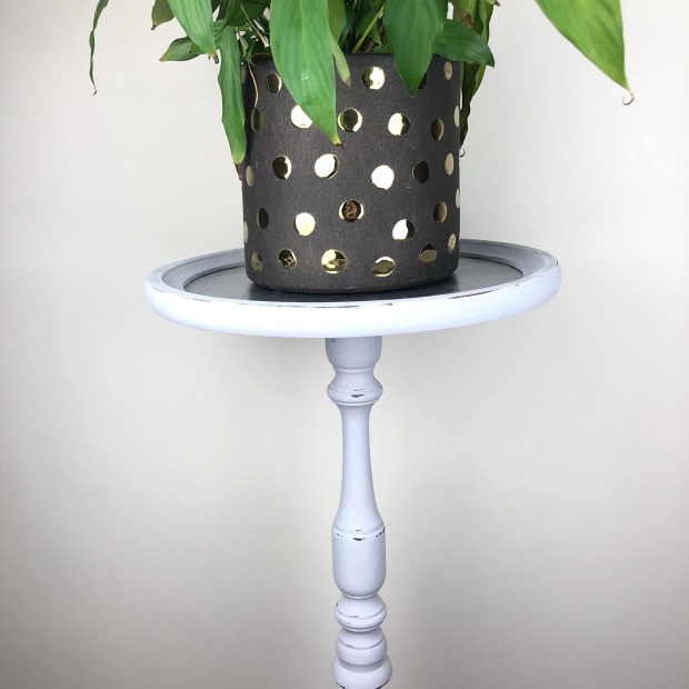 dark grey plant pot with metallic gold polkas sat on a tall grey plant stand