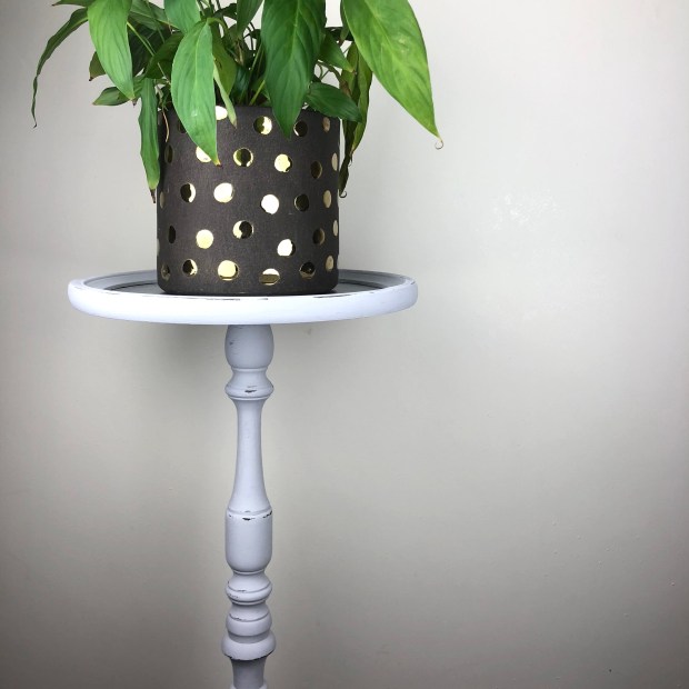 dark grey plant pot with metallic gold polkas sat on a tall grey plant stand