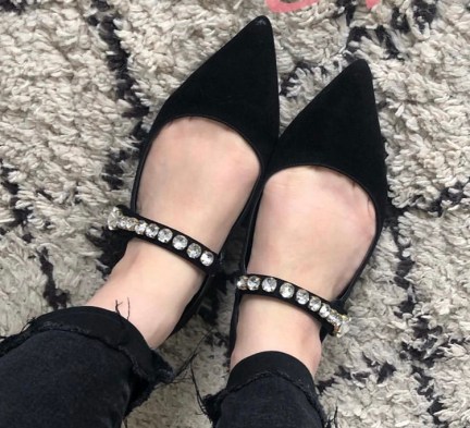 black shoes with jewelled cross bar